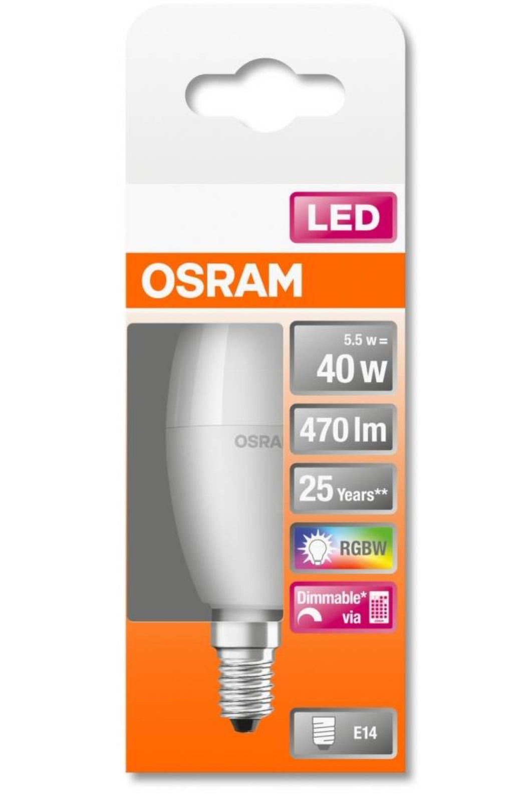 OSRAM LED RETROFIT RGBW LAMPSWITH REMOTE CONTROL, 4,9W = 40W, 470 LM, E14, 200°, 2700 K (567)