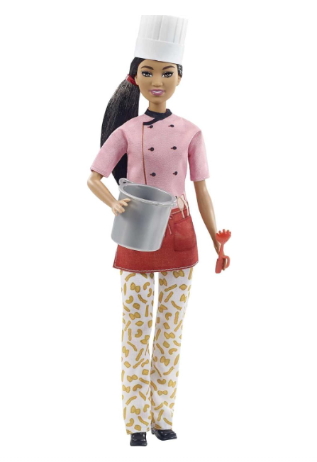 Barbie GTW38 Nudelkoch-Puppe (ca. 30 cm) mit buntem Oberteil, Hose mit Nudeldruck, Kochmütze, Topf und Nudelschneider, Spielzeuggeschenk für Kinder ab 3 Jahren