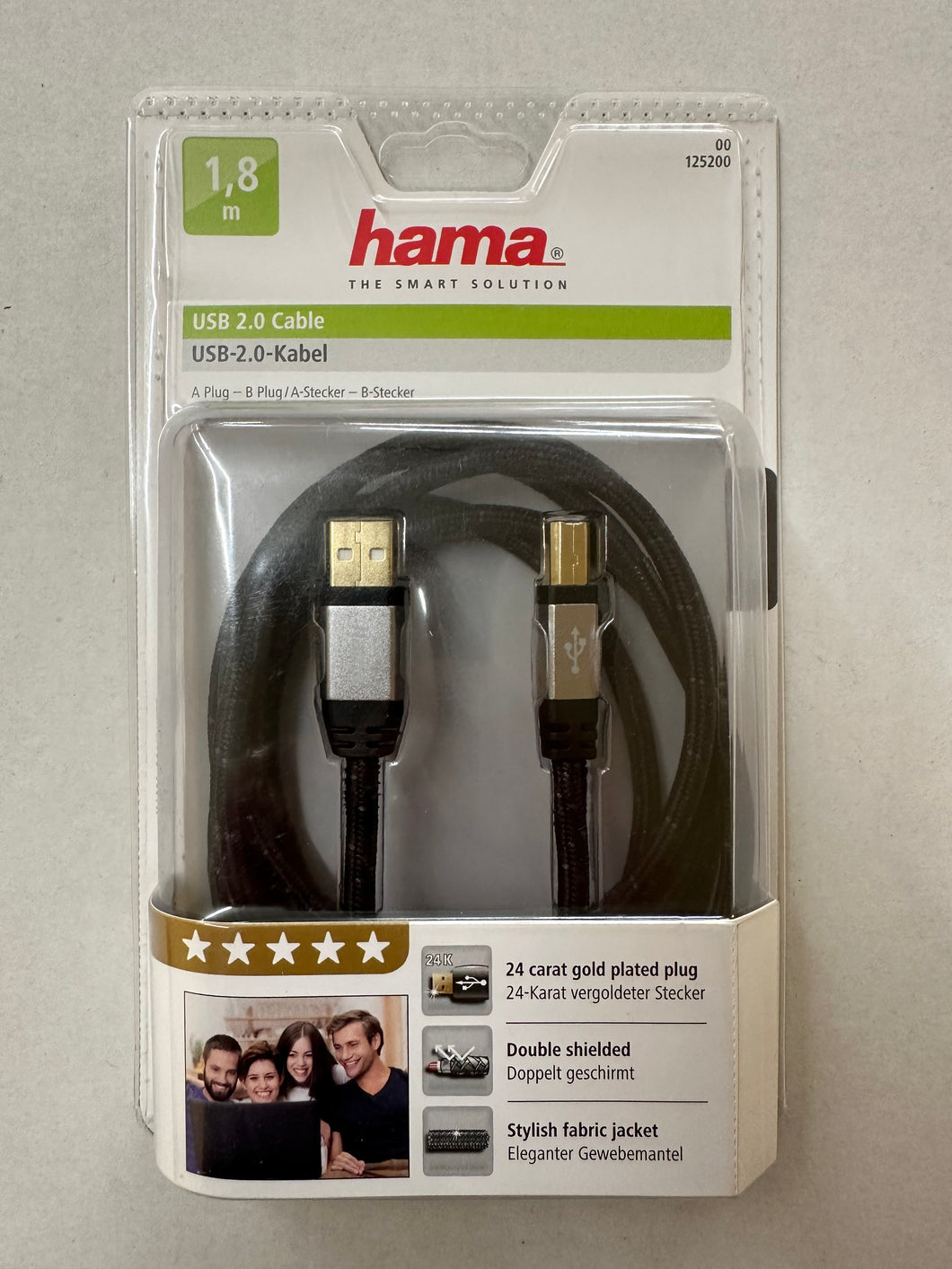 HAMA USB-2.0-Kabel, 24K-vergoldet, doppelt geschirmt, Gewebemantel, 1,80 m (00125200) (Druckerkabel)