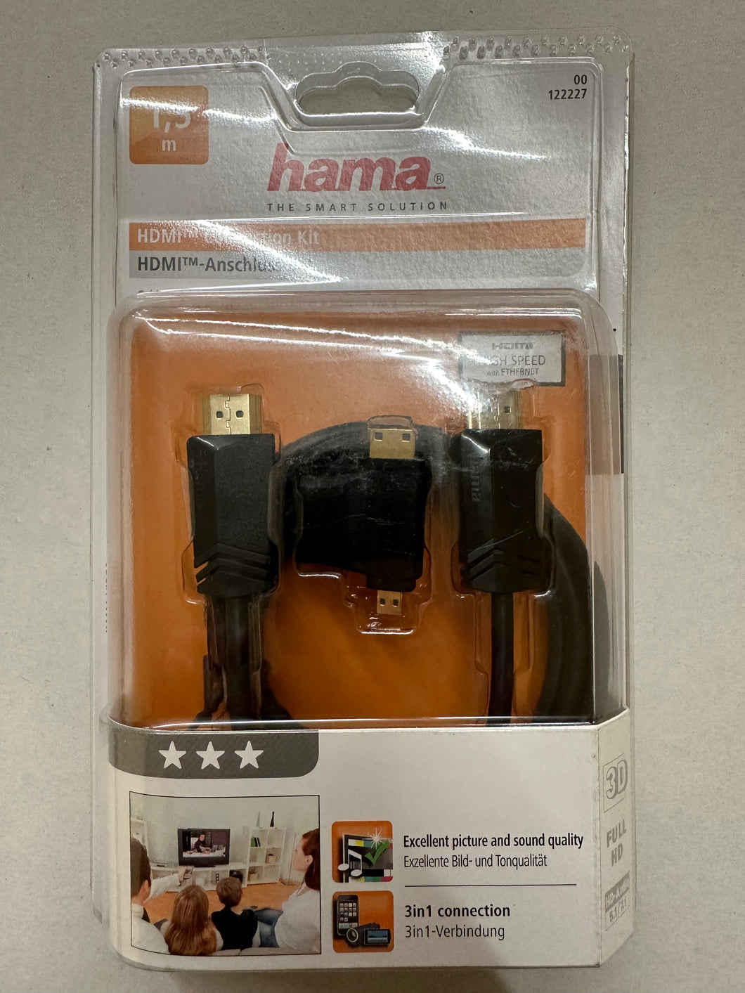 Hama 00122227 High Speed HDMI™-Kabel St. - St. Ethernet 1,5 m + 2 HDMI™-Adapter (Schwarz)