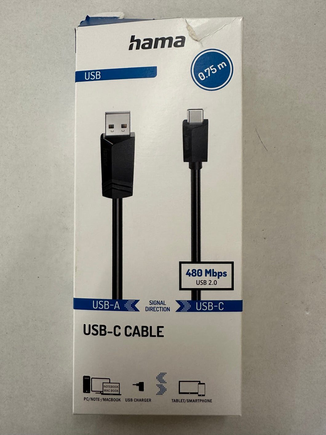 Hama USB-C-Kabel, USB-A-Stecker - USB-C-Stecker, USB 2.0, 480 Mbit / s, 0,75 m