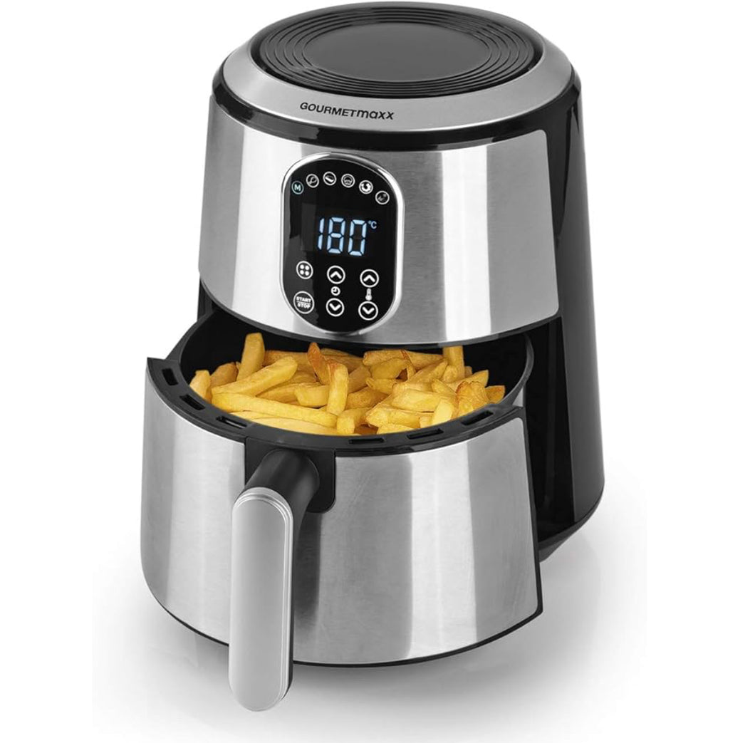 GOURMETmaxx Heißluftfritteuse XL 1500 Watt | Airfryer Edelstahl | Mini Backofen mit Touchdisplay und 6 Programmen | 80-200°C Temperaturregler | 60 Minuten Timer-Funktion [2,7 Liter]