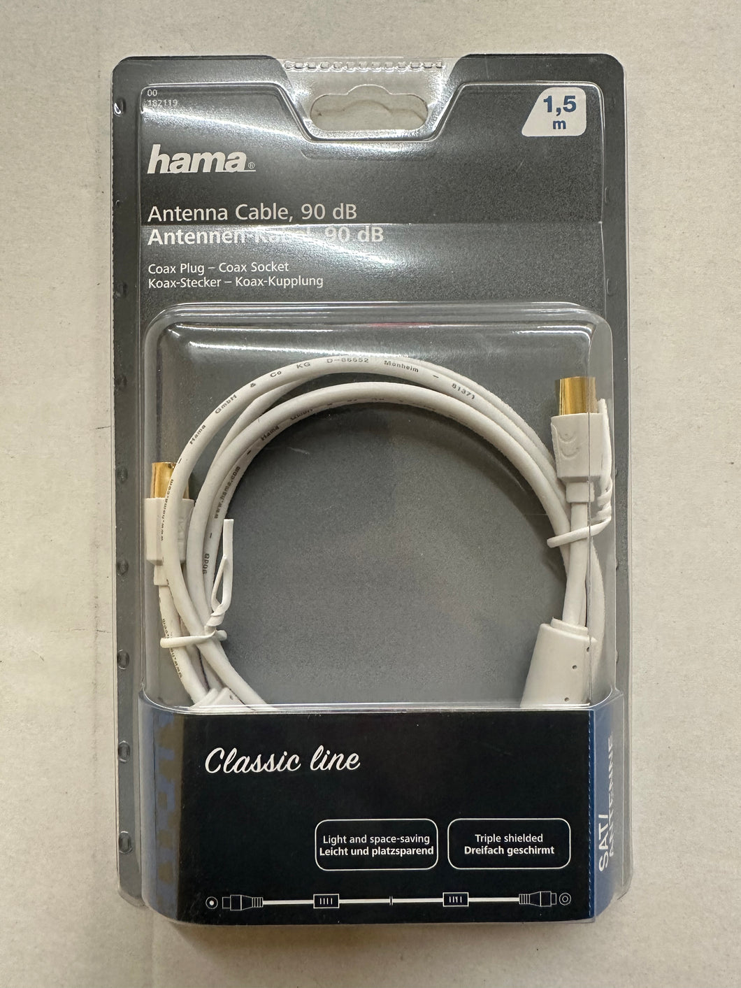 Hama Antennen-Kabel, Koax-St.-Koax-Kuppl., 90 dB, Filter, verg., ultradünn, 1,5m