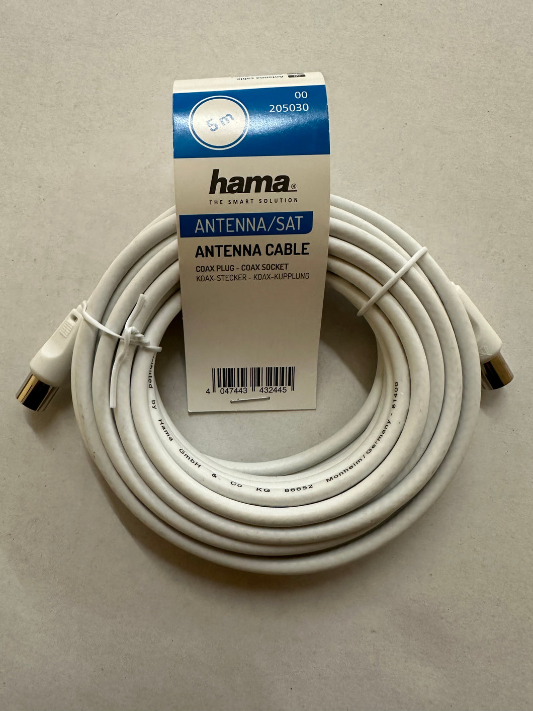 HAMA Antennen-Kabel, Koax-Stecker - Koax-Kupplung, 5 m, 75 dB, Weiß (00205030)