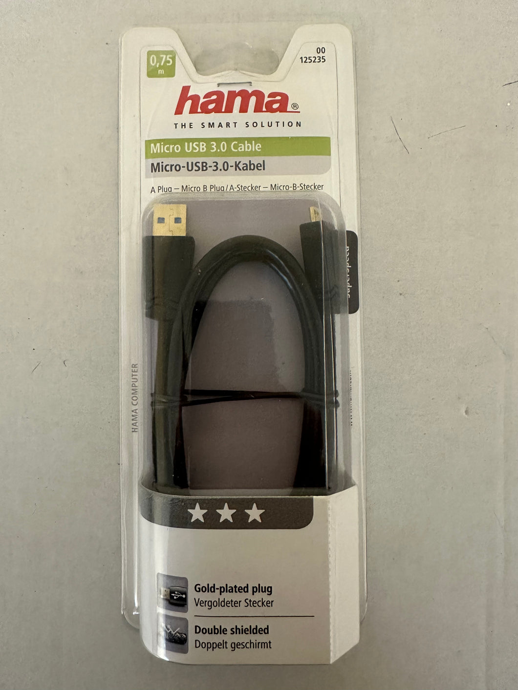 HAMA Micro-USB-3.0-Kabel, vergoldet, doppelt geschirmt, Schwarz, 0,75 m (00125235)
