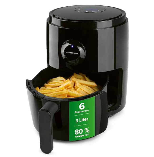 GOURMETmaxx Heißluftfritteuse | 3L Airfryer mit Timer & Touchscreen | Fritteuse mit 8 Funktionen & 6 Programmen | Energiesparendes Frittieren, fast ohne Öl | Mini-Backofen – 1400 W