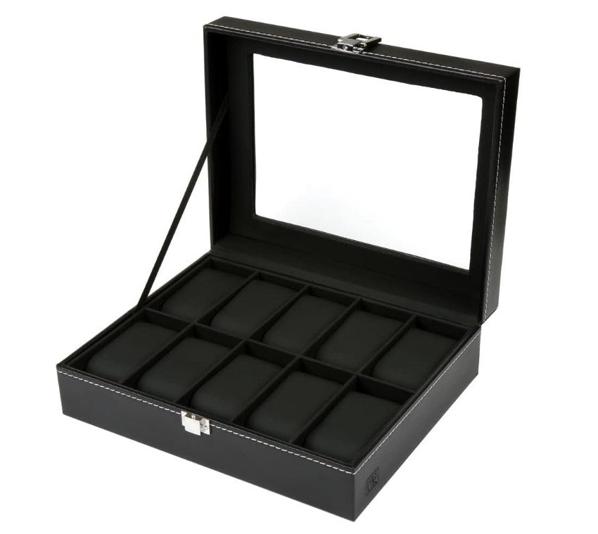 H&S. Uhrenbox für Damen & Herren - Uhrenhalter mit Glasdeckel & Samtauskleidung - Uhrenkasten in Schwarz aus Kunstleder - Uhrenaufbewahrung mit Platz für bis zu 10 Uhren - Uhrengehäuse - Watch Box - Die Mega Kiste