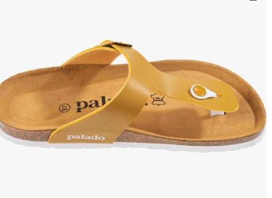 Palado Damen Zehentrenner Kos - Modische Pantoletten mit Kork Fussbett - extra bequeme Sandalen - Made in Spain - mit Sohle aus natur Leder - angenehme Sandalen gold Gr.42 - Die Mega Kiste