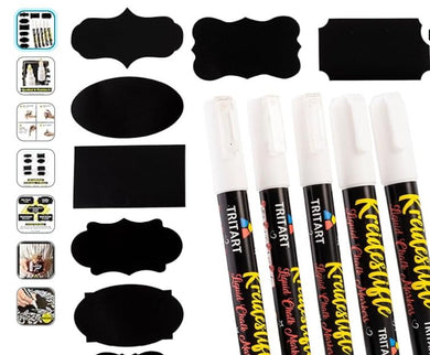 TRITART Kreidestift Weiß | 3 x 3mm + 2 x 6mm Kreidemarker Weiß | Chalk - Marker Abwischbar | Weiße Kreidestifte für Fenster/Glas usw. | GRATIS 24 Tafelaufkleber - Die Mega Kiste